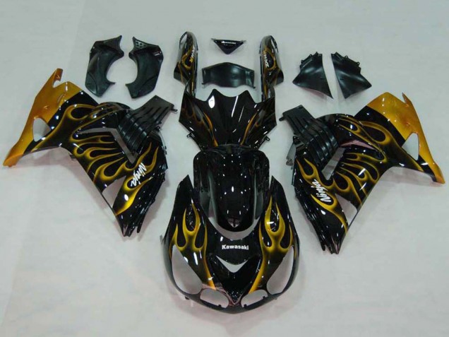 Carenados Moto Kawasaki ZX14R ZZR1400 2006-2011 - Negro Brillante Oro Llama Fabricantes
