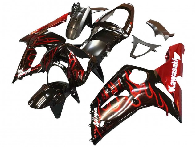 Carenados Moto Kawasaki ZX6R 2003-2004 - Negro Brillante Rojo Llama Fabricantes