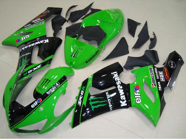 Carenados Moto Kawasaki ZX6R 2005-2006 - Verde Negro Brillante Elf Monstruo Fabricantes
